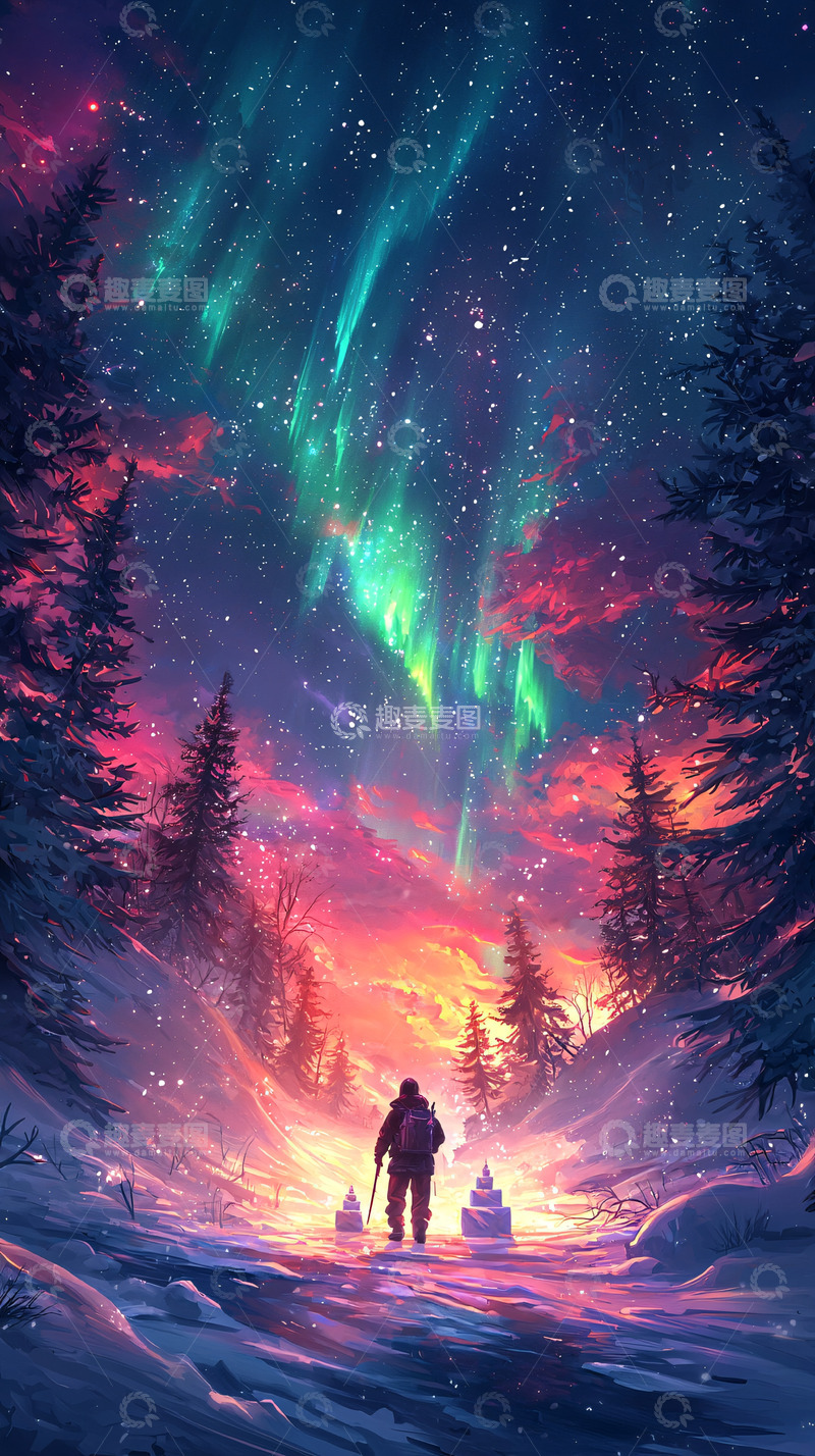 高清大图下载【趣麦麦图】极光下的雪地森林