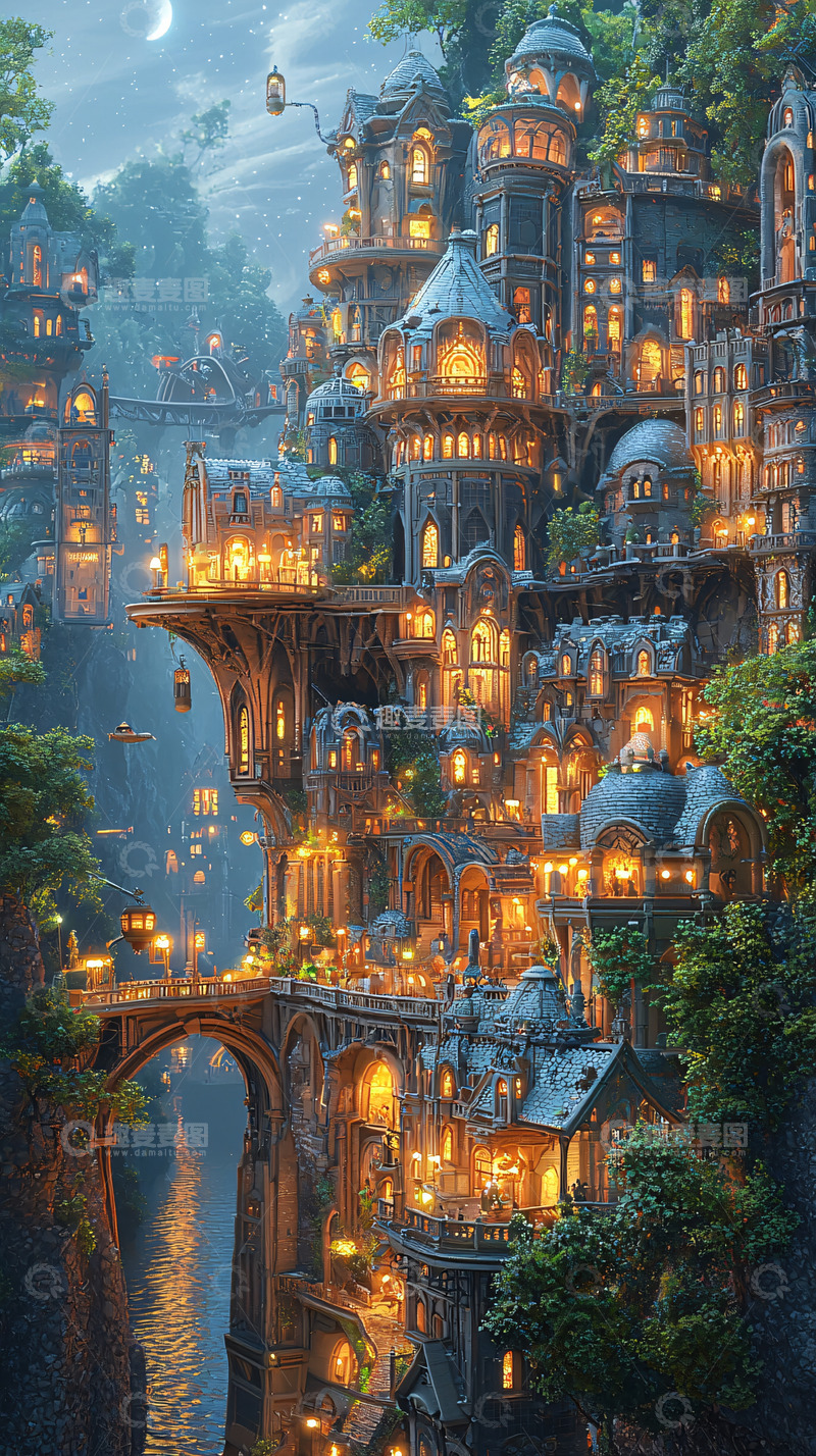 高清大图下载【趣麦麦图】梦幻山谷夜景城市