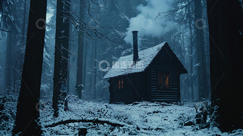 高清大图下载【趣麦麦图】深林小屋冬日雪景