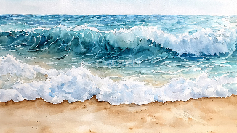 高清大图下载【趣麦麦图】蓝色海浪拍打沙滩
