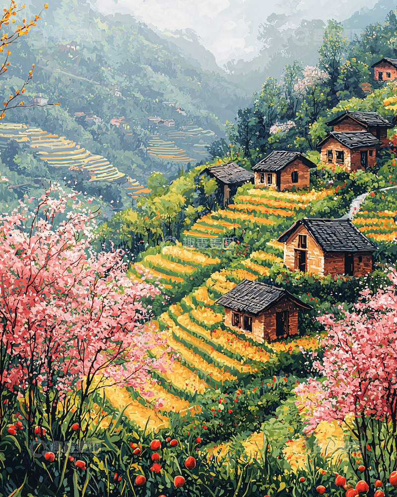 高清大图下载【趣麦麦图】山间梯田村庄景色