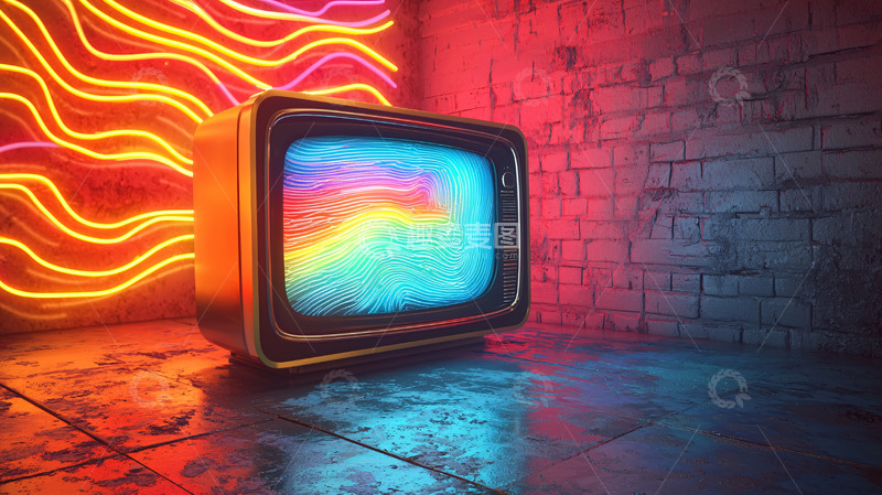高清大图下载【趣麦麦图】复古电视机霓虹灯背景