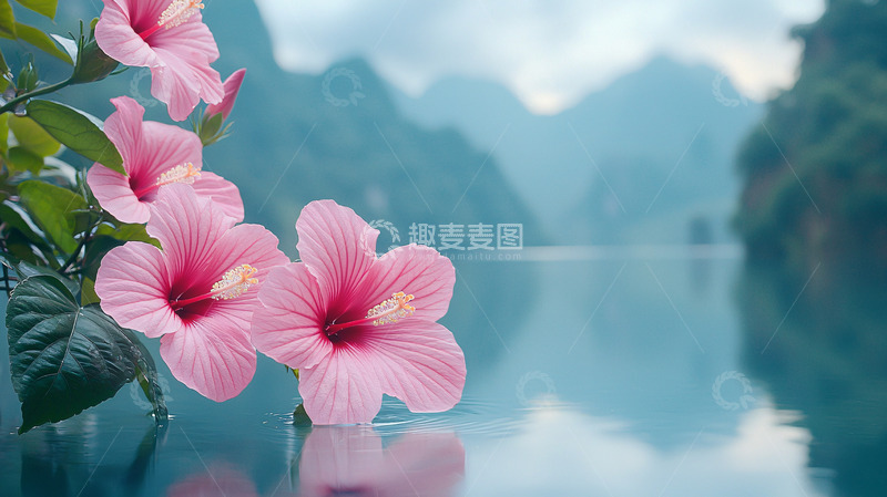 高清大图下载【趣麦麦图】粉红色木槿花湖边景色