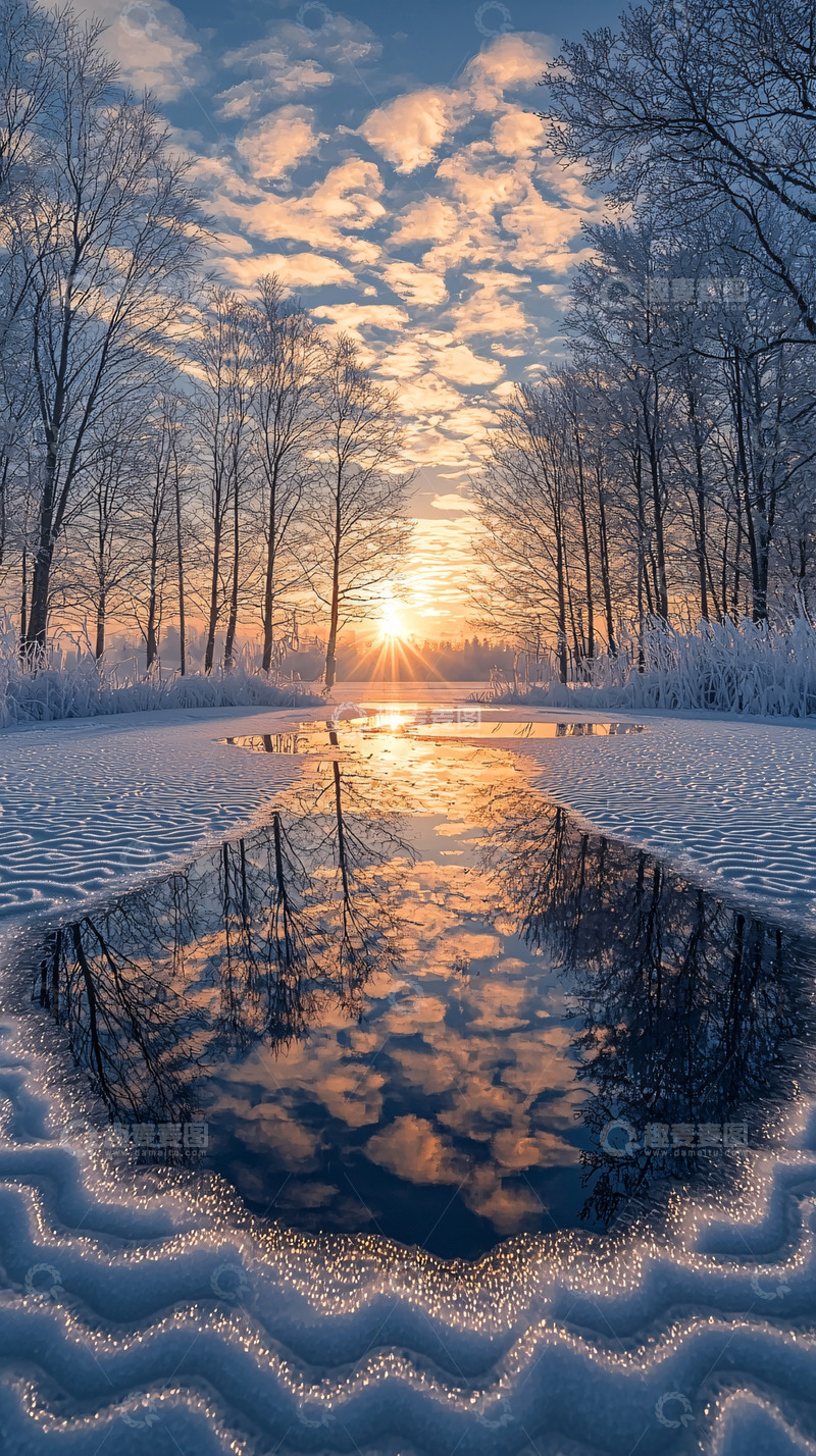 高清大图下载【趣麦麦图】冰雪覆盖的日出倒影