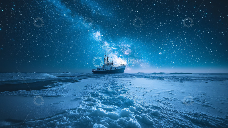 高清大图下载【趣麦麦图】极地冰川星空下的船只