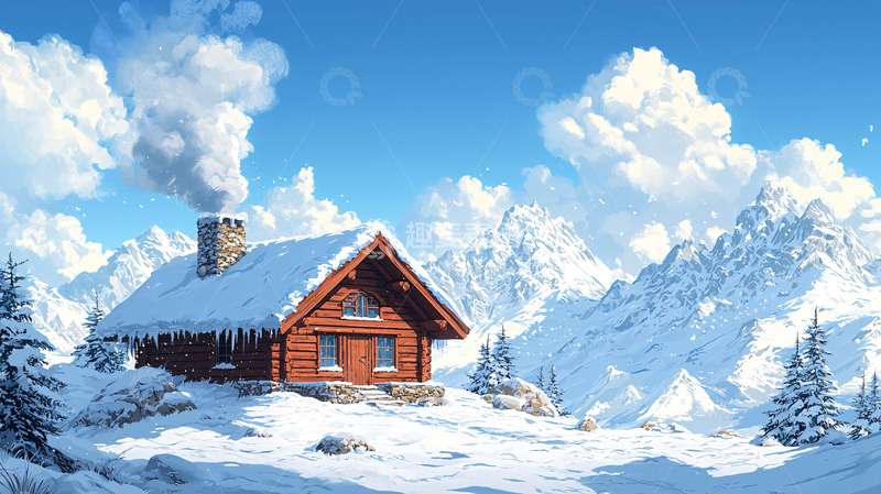 高清大图下载【趣麦麦图】雪山木屋的宁静冬日