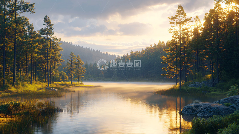 高清大图下载【趣麦麦图】清晨森林湖泊日出