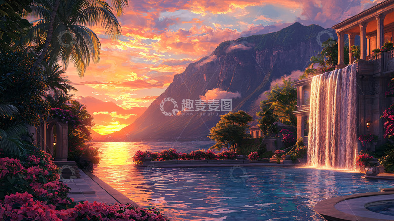 高清大图下载【趣麦麦图】日落海景别墅瀑布
