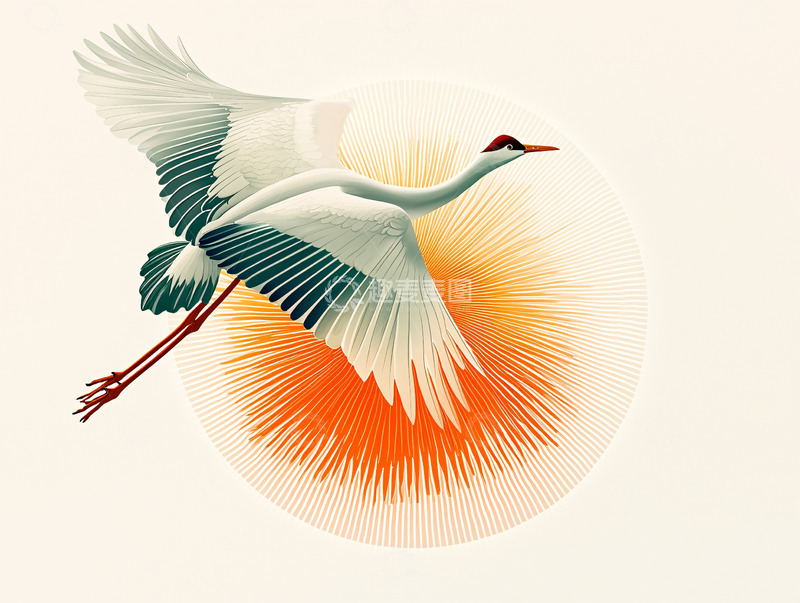 高清大图下载【趣麦麦图】仙鹤飞翔在太阳前的图