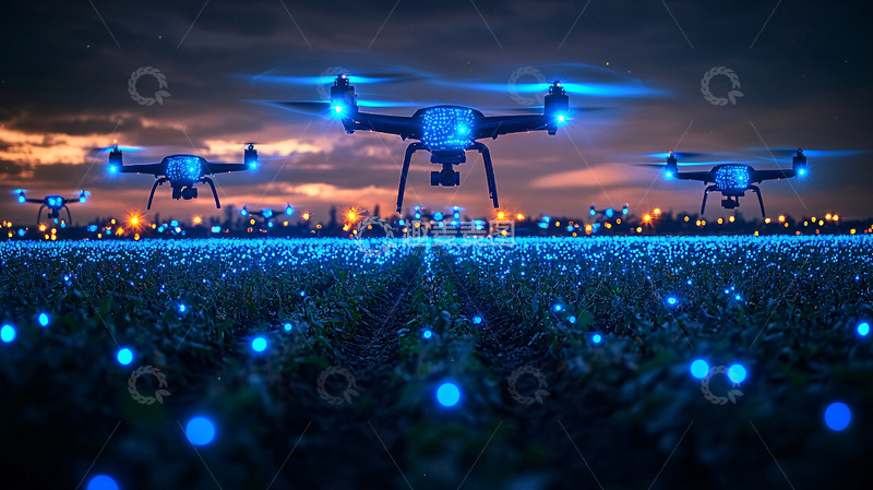 高清大图下载【趣麦麦图】夜幕下无人机农田作业