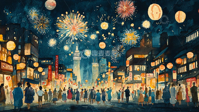 高清大图下载【趣麦麦图】夜空烟火下的日本街道