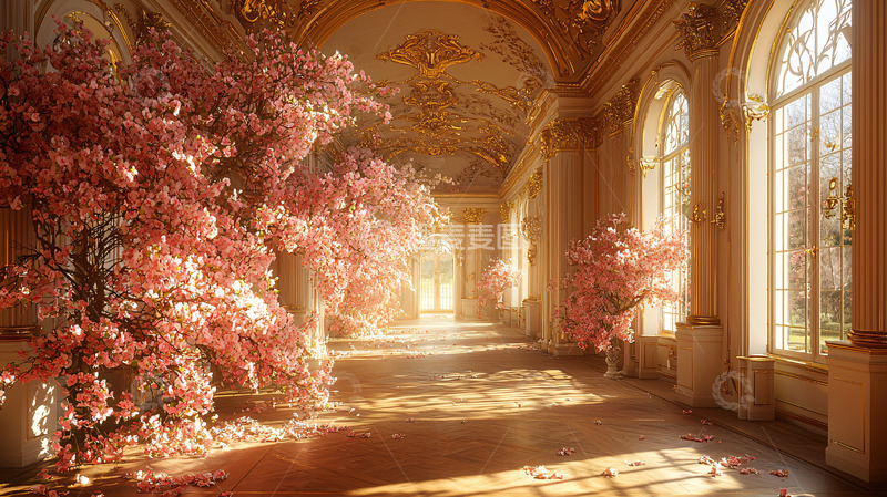 高清大图下载【趣麦麦图】宫殿长廊粉色樱花树