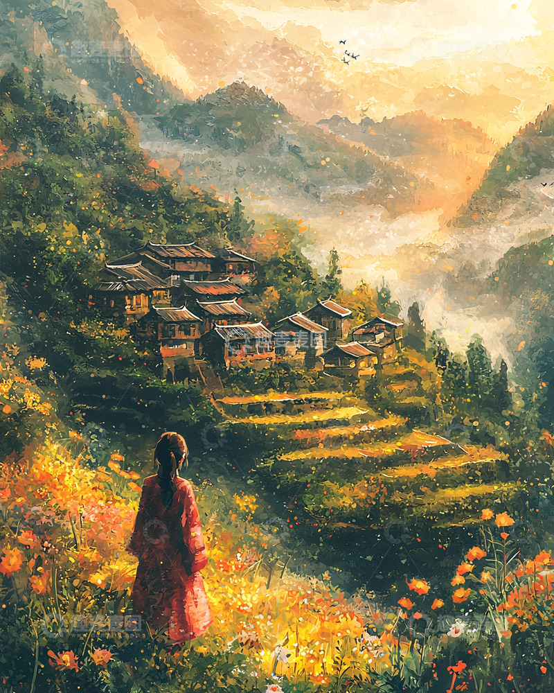 高清大图下载【趣麦麦图】山间村落水彩画意境