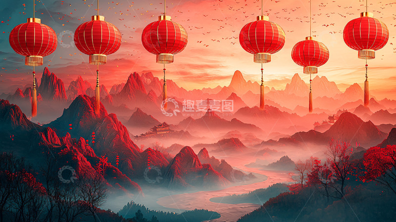 高清大图下载【趣麦麦图】红灯笼山峦日出