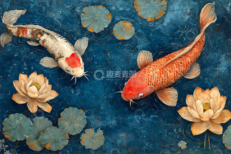 高清大图下载【趣麦麦图】蓝底锦鲤荷花图