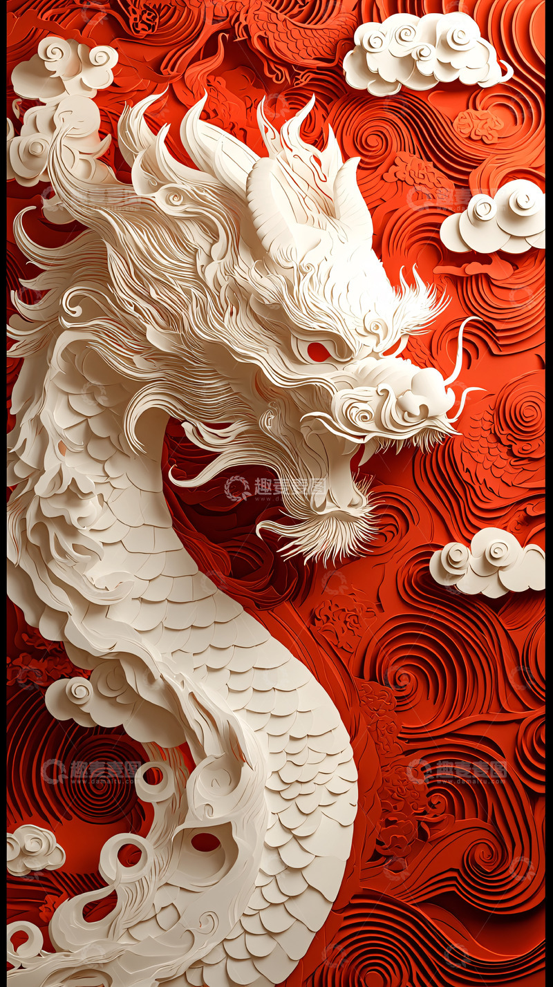 高清大图下载【趣麦麦图】红底白龙浮雕