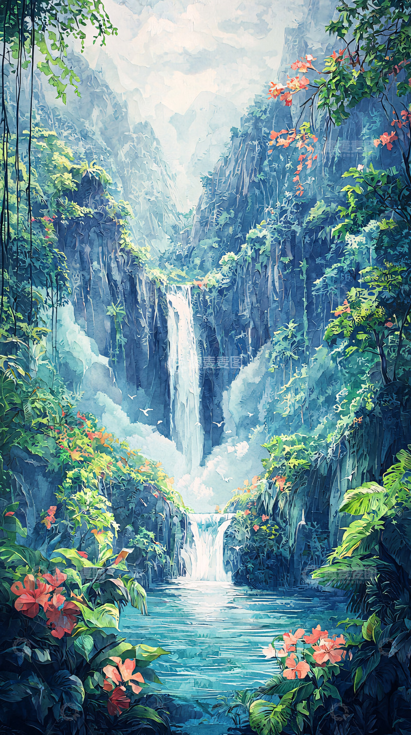 高清大图下载【趣麦麦图】风景如画的瀑布森林
