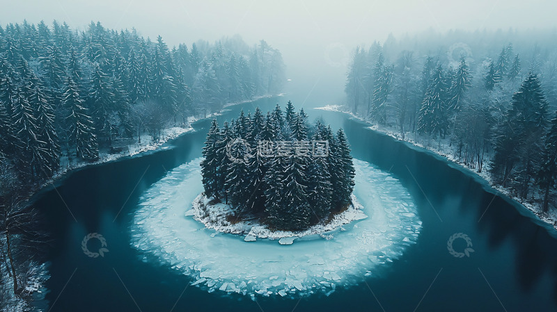 高清大图下载【趣麦麦图】冬日河流环绕的树林小岛