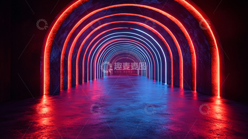 高清大图下载【趣麦麦图】红蓝霓虹灯拱形通道