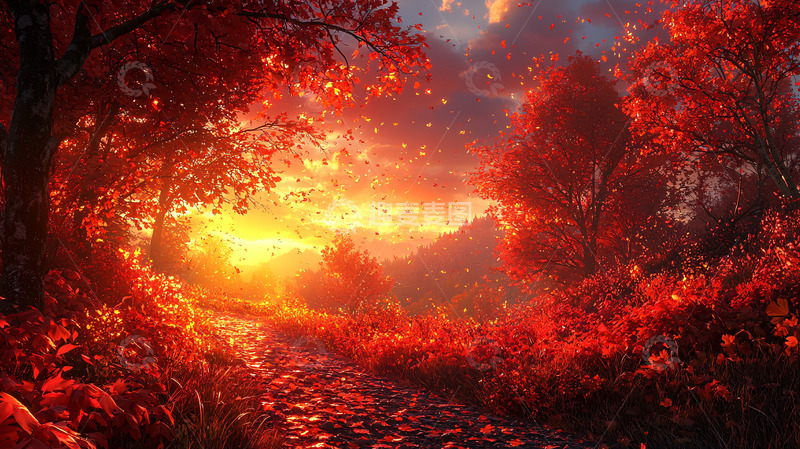 高清大图下载【趣麦麦图】火红的枫叶森林日落