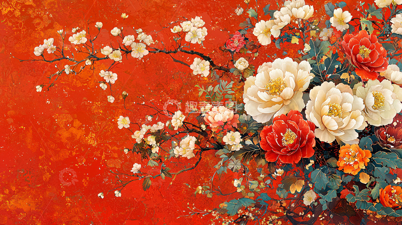 高清大图下载【趣麦麦图】红底白牡丹花卉图