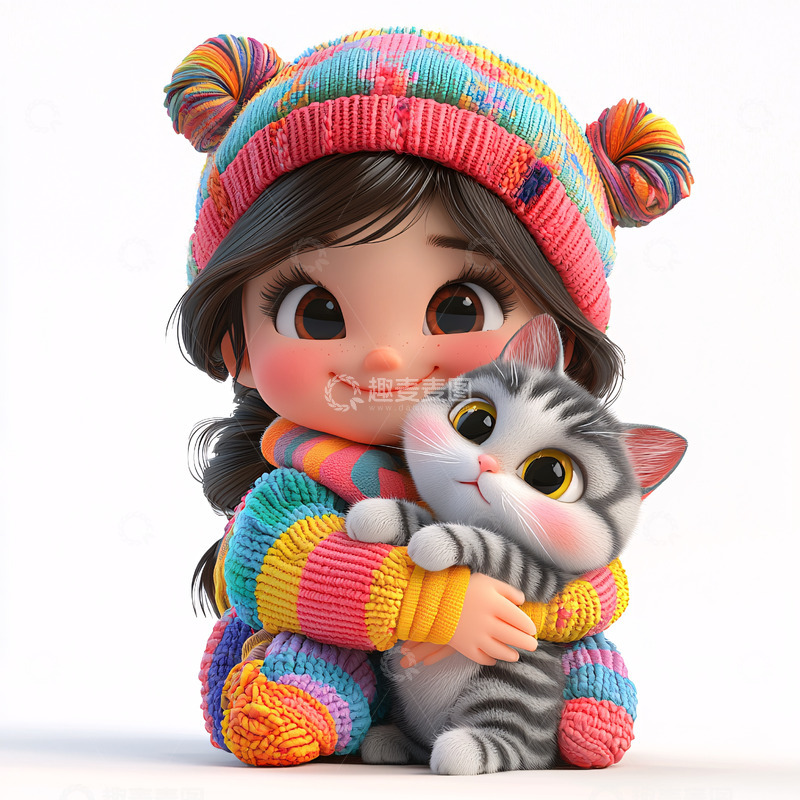 高清大图下载【趣麦麦图】可爱卡通女孩抱猫咪