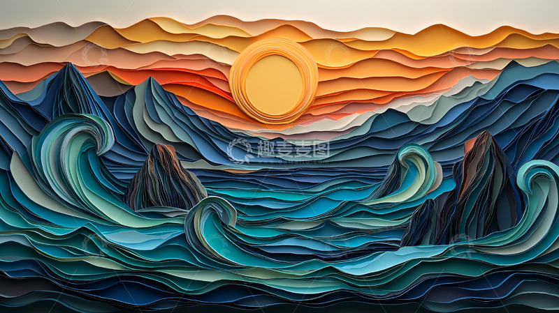 高清大图下载【趣麦麦图】纸艺海浪日出山峦