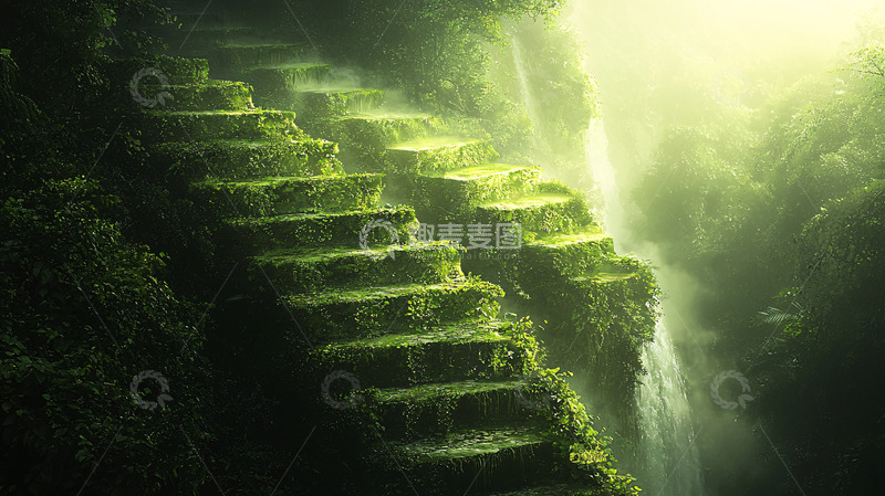 高清大图下载【趣麦麦图】绿意盎然的古老石阶