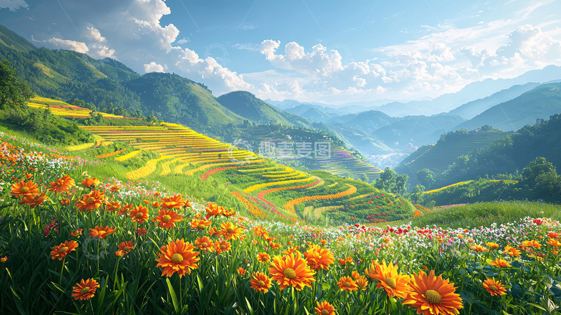 高清大图下载【趣麦麦图】阳光明媚的山间梯田