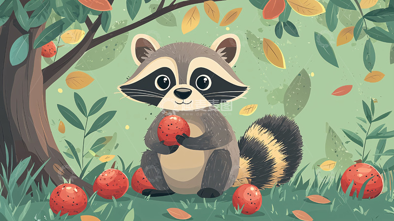 高清大图下载【趣麦麦图】秋天浣熊抱红苹果