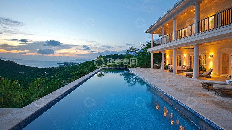 高清大图下载【趣麦麦图】山顶别墅泳池日落景色