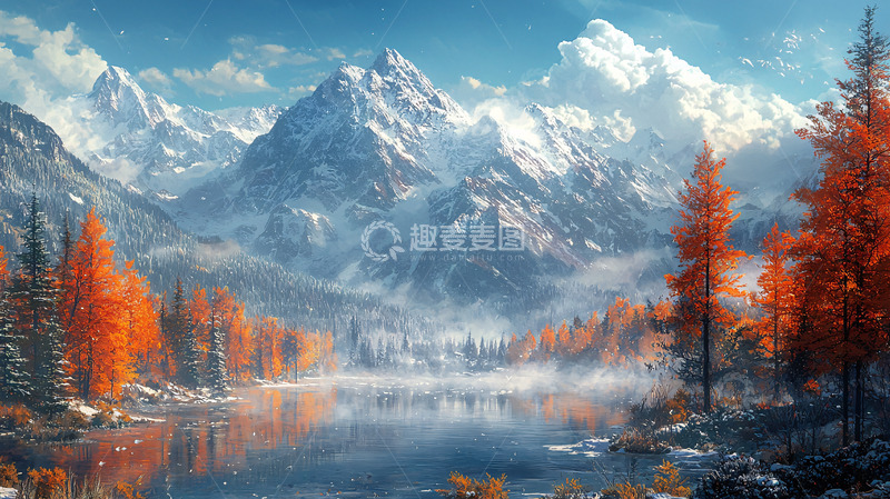 高清大图下载【趣麦麦图】秋日雪山湖泊景色