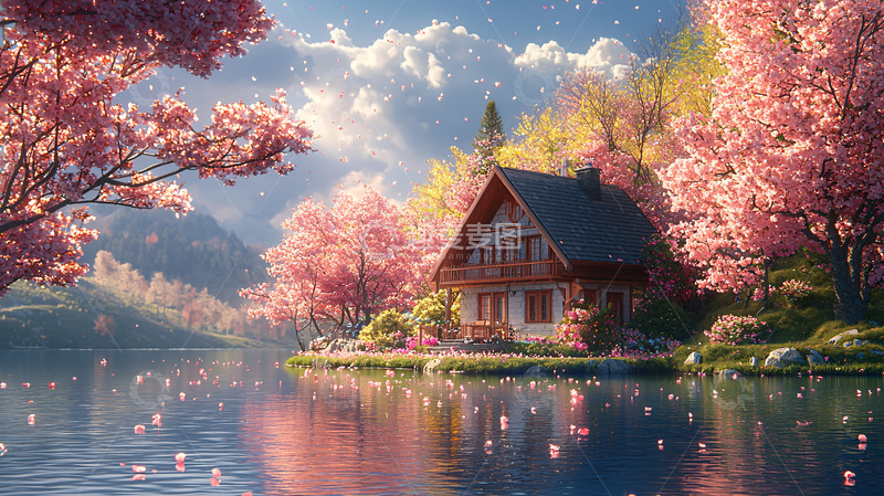 高清大图下载【趣麦麦图】梦幻樱花小屋湖边