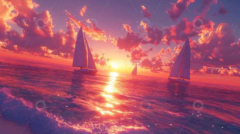 高清大图下载【趣麦麦图】唯美日落帆船海景