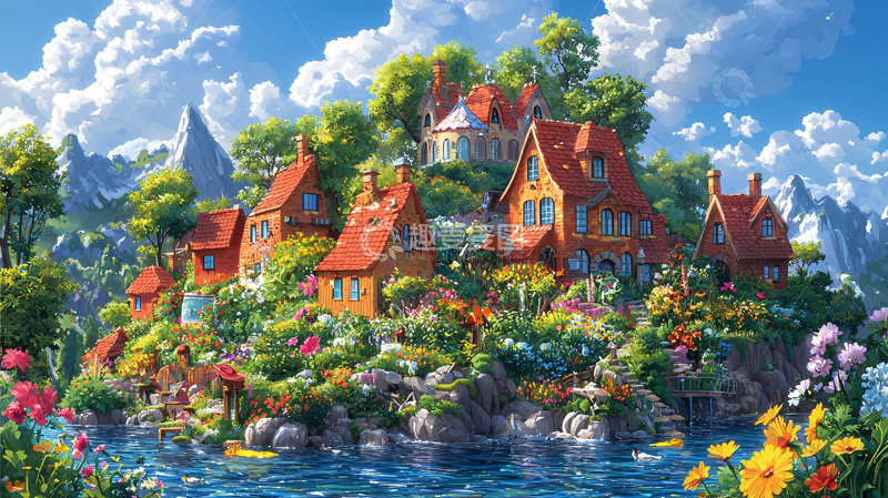 高清大图下载【趣麦麦图】山顶彩色童话小镇