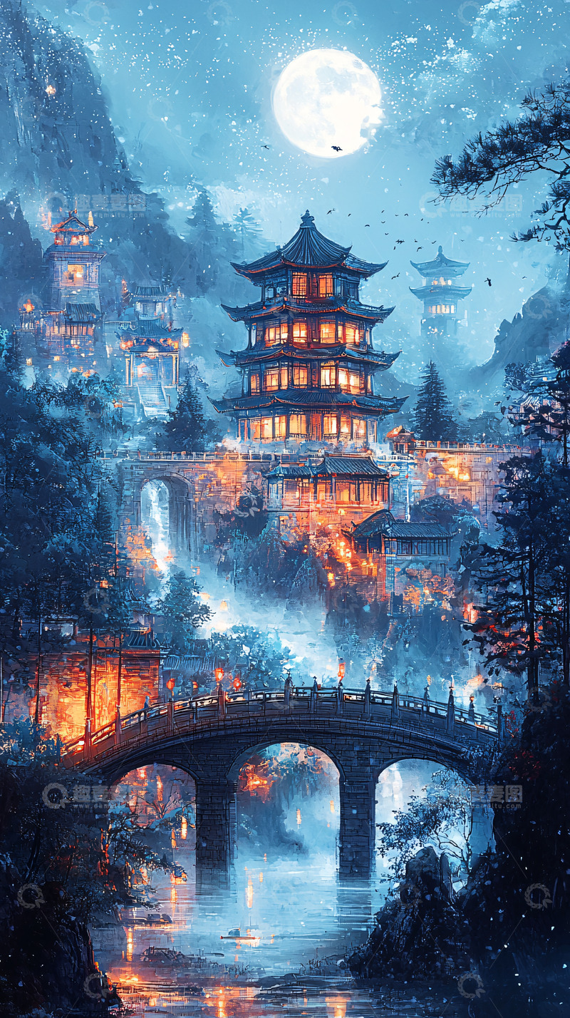 高清大图下载【趣麦麦图】中国风月夜亭台楼阁