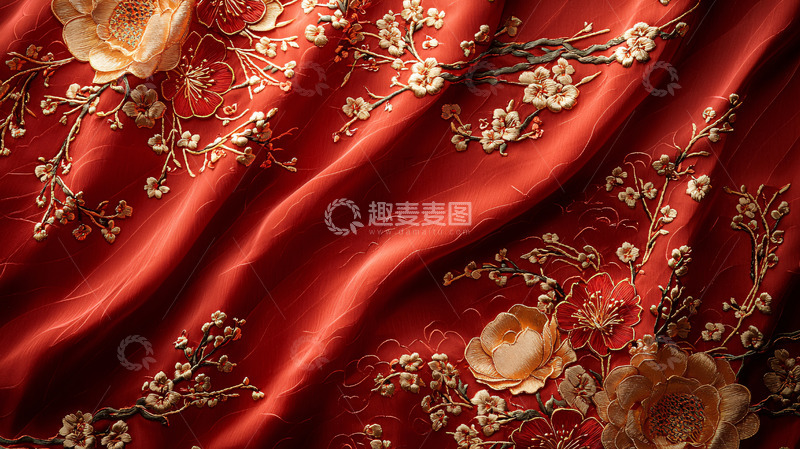 高清大图下载【趣麦麦图】红色丝绸上的金色花卉