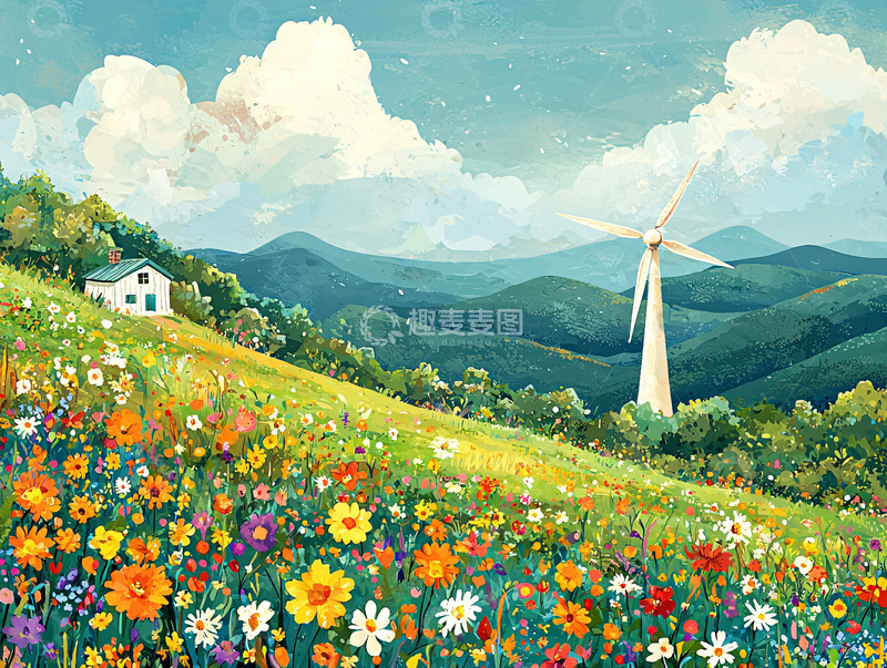 高清大图下载【趣麦麦图】山坡上的风车和野花