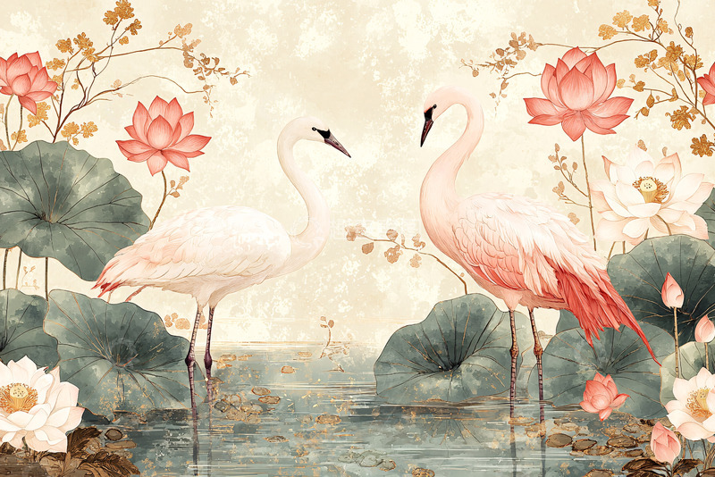 高清大图下载【趣麦麦图】粉色仙鹤荷花图