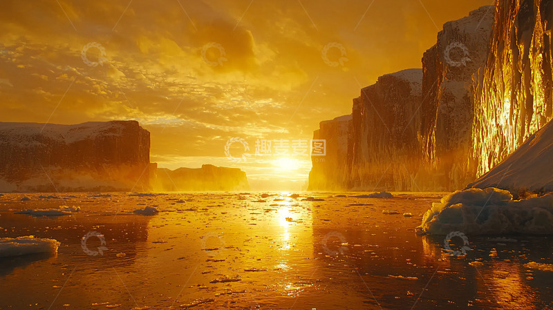 高清大图下载【趣麦麦图】冰雪覆盖的金色日落海景