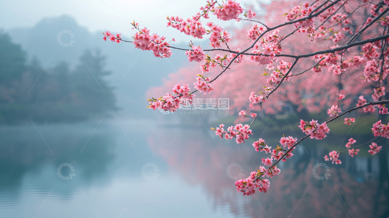 高清大图下载【趣麦麦图】雾气朦胧的粉红色樱花