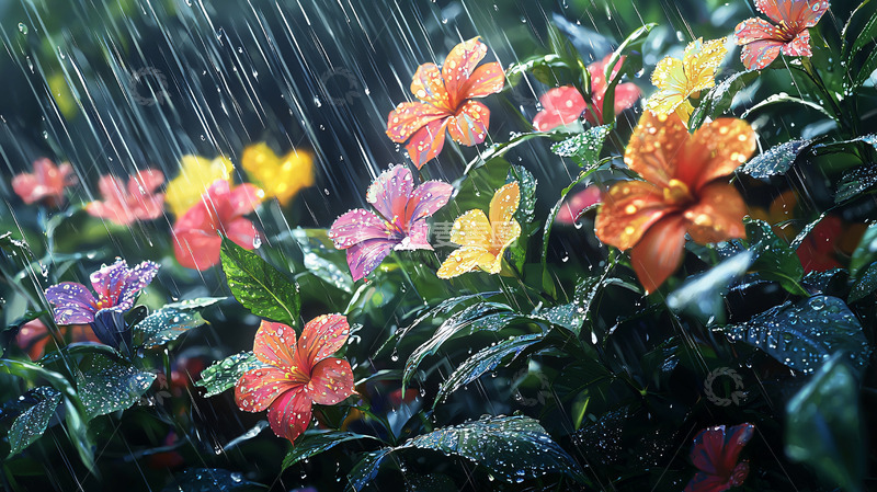 高清大图下载【趣麦麦图】雨中鲜艳的花朵