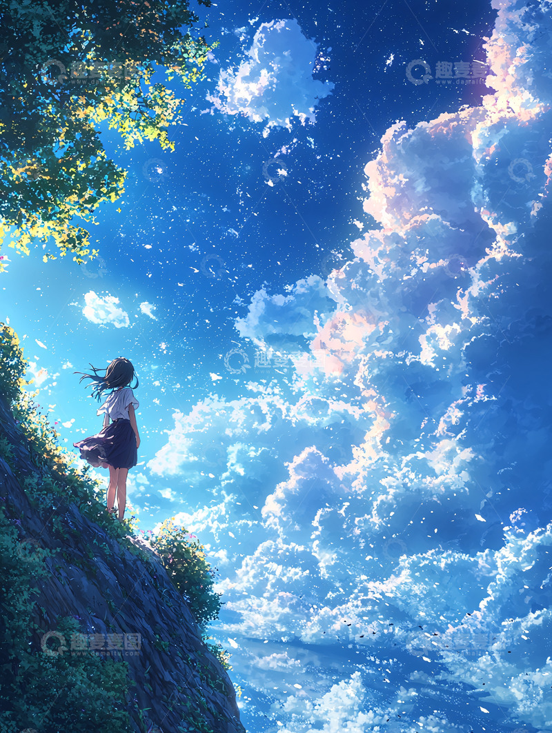 高清大图下载【趣麦麦图】少女仰望云海星空