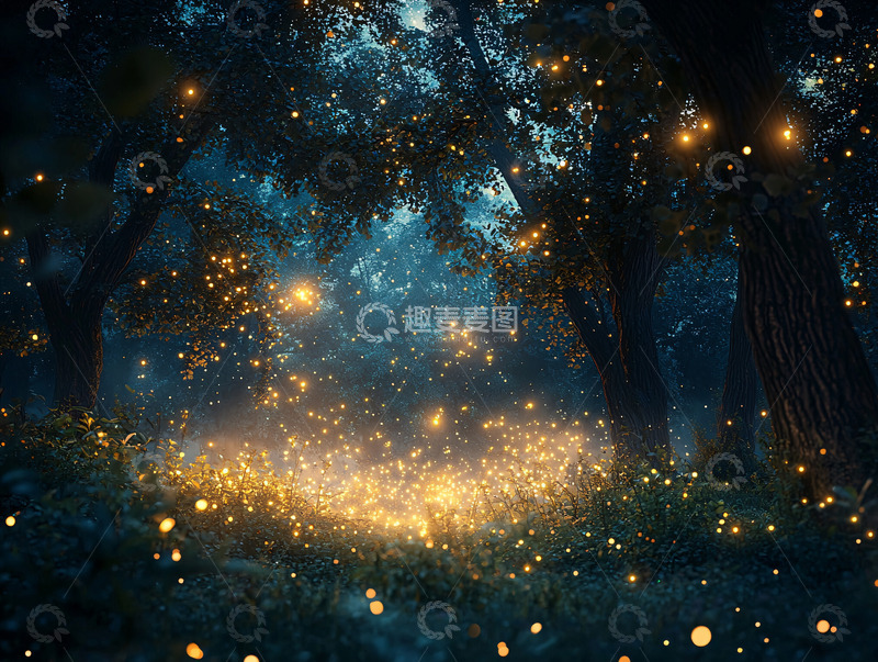 高清大图下载【趣麦麦图】梦幻森林萤火虫之夜