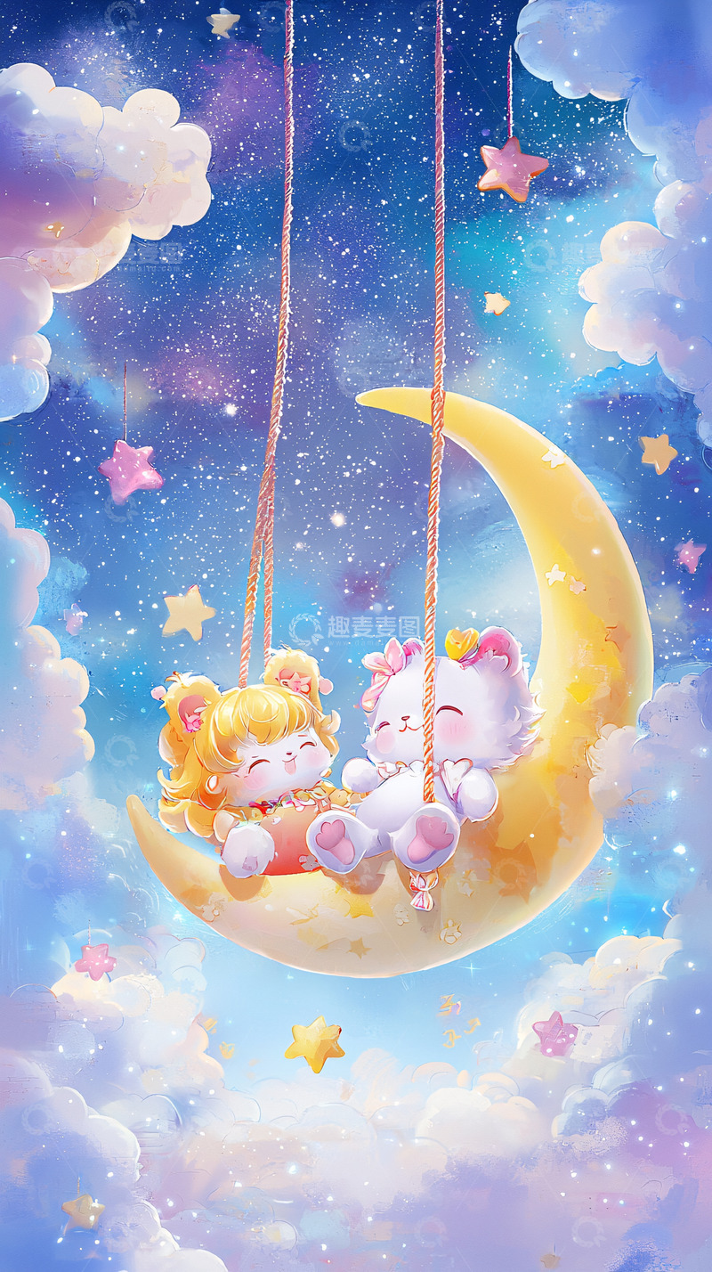 高清大图下载【趣麦麦图】月牙秋千上的可爱小熊