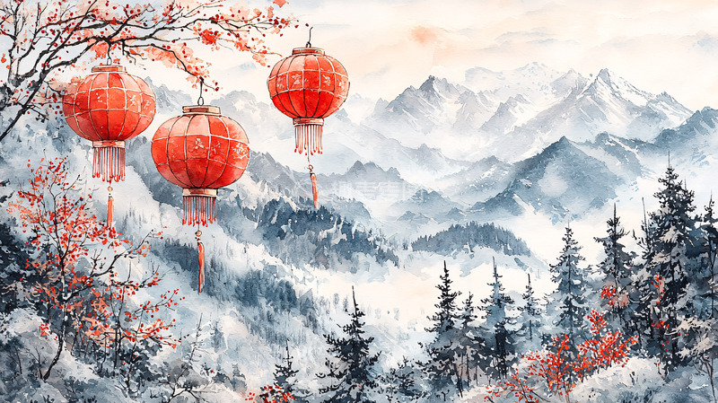 高清大图下载【趣麦麦图】红灯笼雪山水墨画