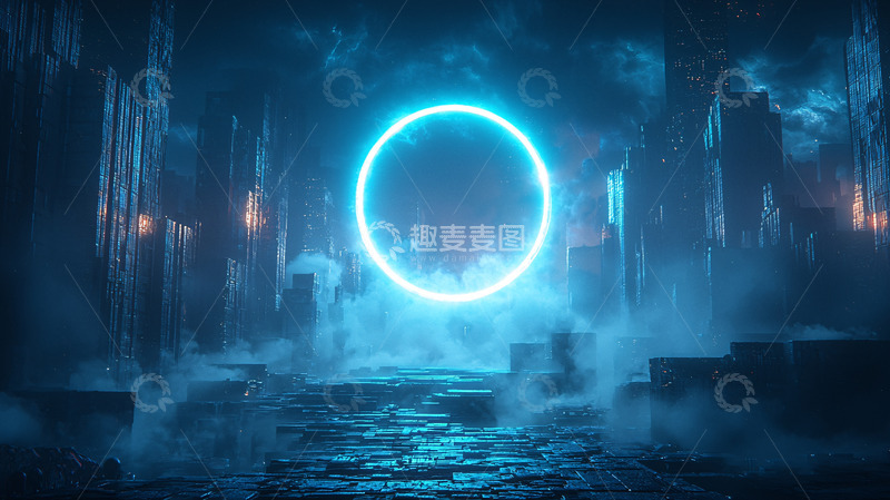 高清大图下载【趣麦麦图】蓝色霓虹环形光圈城市