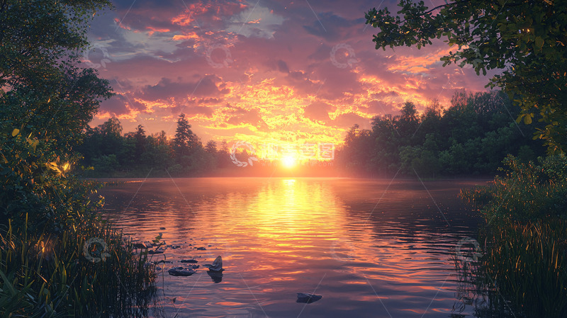 高清大图下载【趣麦麦图】日落湖边宁静景色