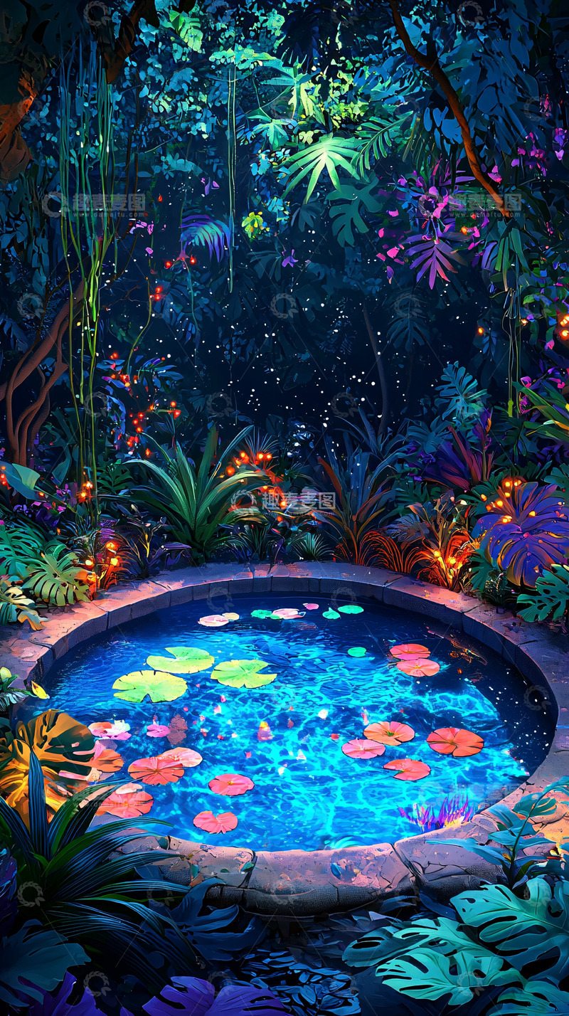 高清大图下载【趣麦麦图】梦幻萤火森林水池