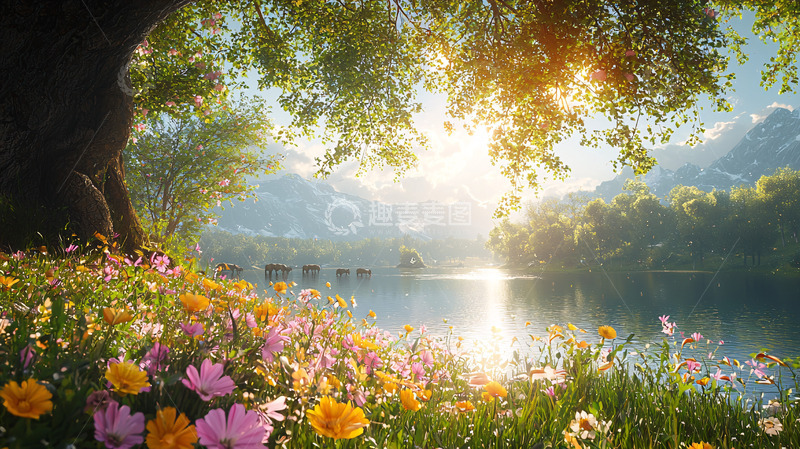 高清大图下载【趣麦麦图】阳光明媚的湖边花海
